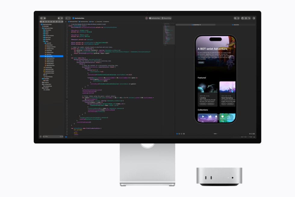 配备 Studio Display 的 Mac Studio 上显示着 Xcode 正在编写代码。