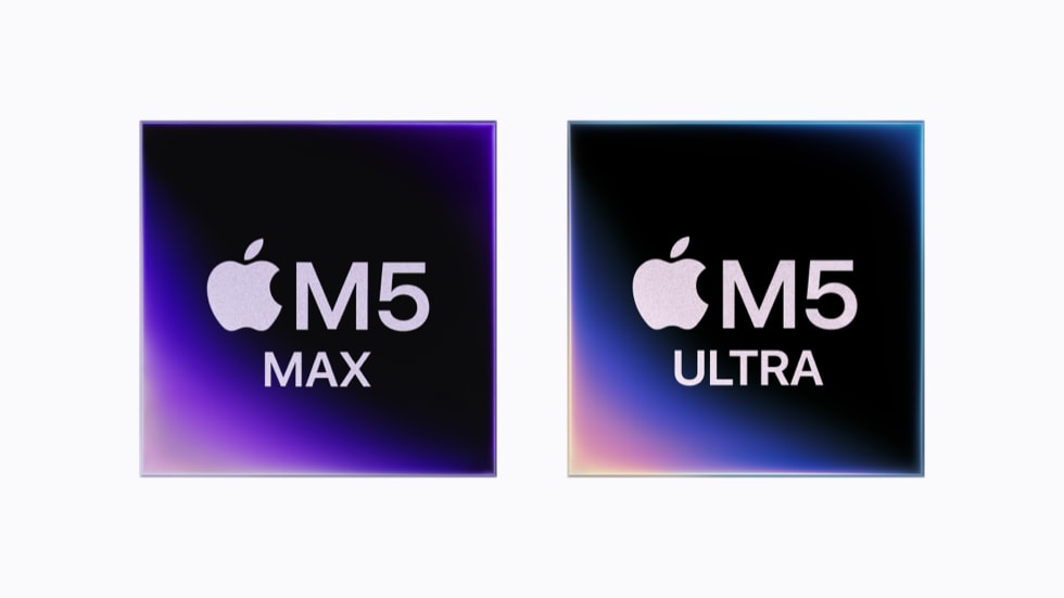 并排的两张示意图，分别代表 M5 Max 和 M5 Ultra 芯片。