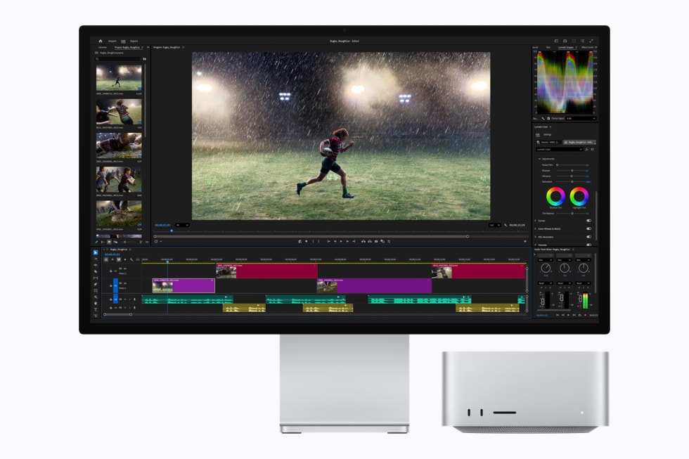 搭载 M5 Ultra 芯片的 Mac Studio 上显示着 Adobe Premiere Pro 界面，画面中一位运动员在雨中奔跑。