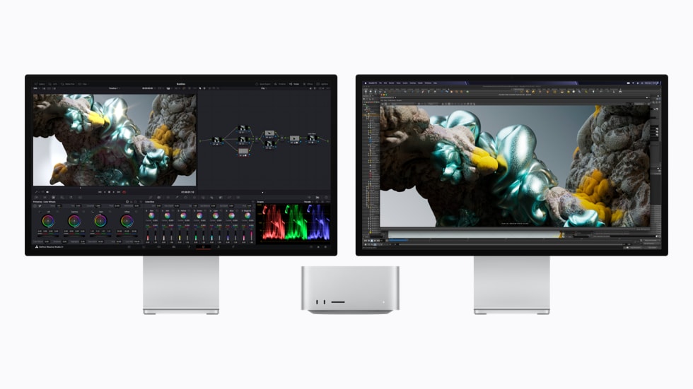 两台 Mac Studio 系统分别使用 Blackmagic Design DaVinci Resolve Studio 和 Maxon Redshift 进行视频剪辑。