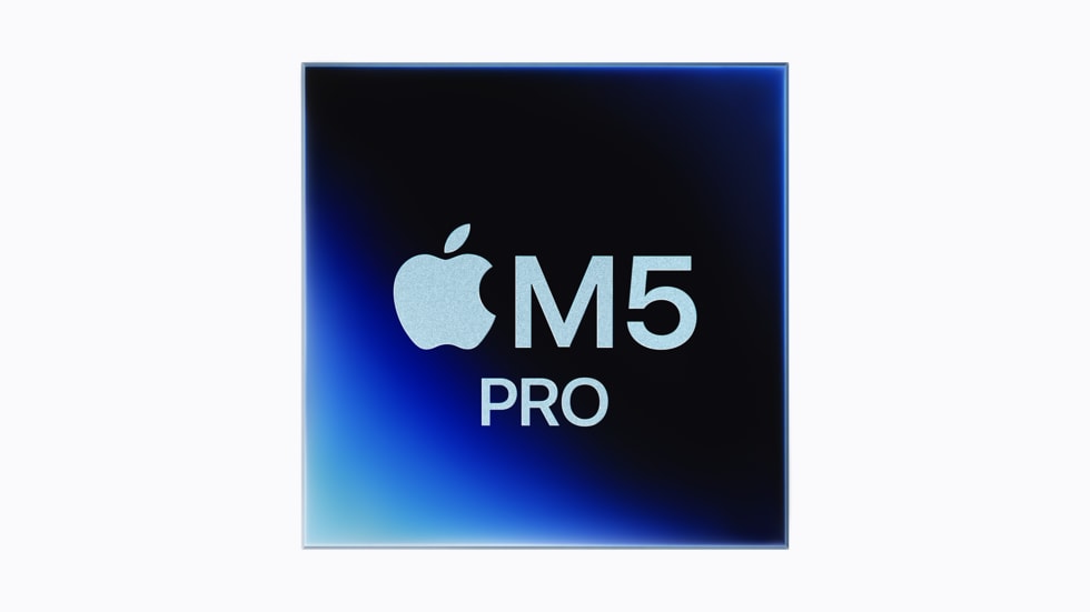 蓝色和紫色渐变背景前的 Apple M5 Pro 芯片标志。