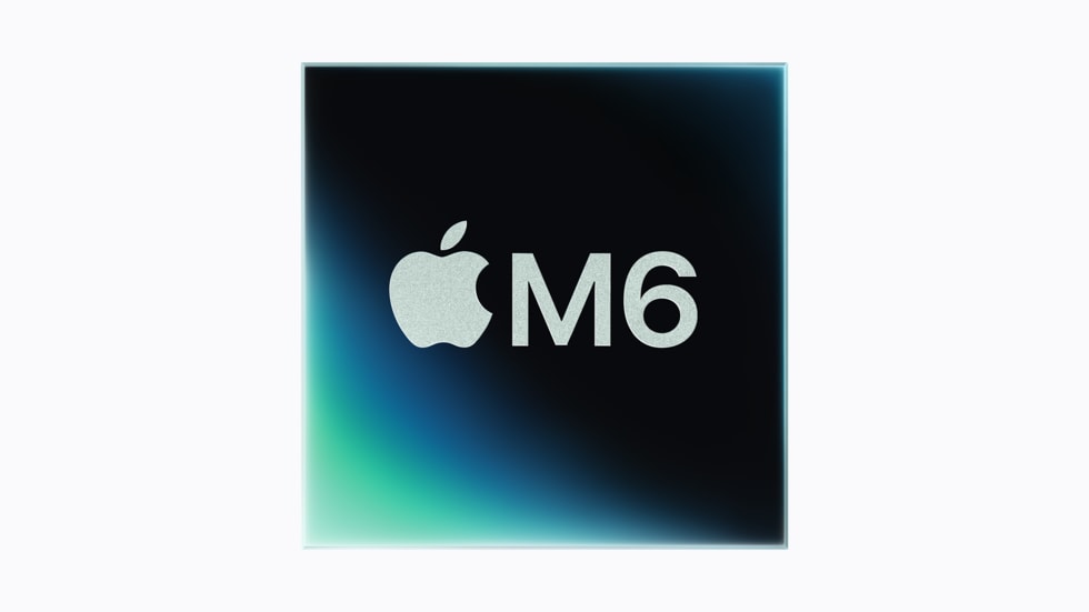 蓝色和紫色渐变背景前的 Apple M6 芯片标志。