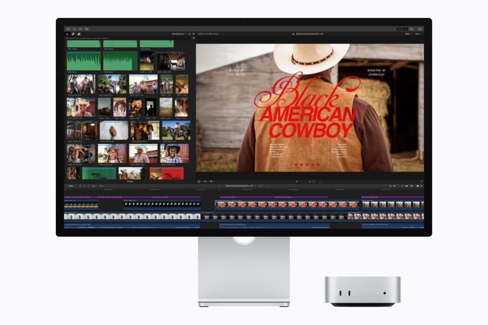 搭载 M6 芯片、配有显示器的 Mac mini 正在运行 Final Cut Pro。