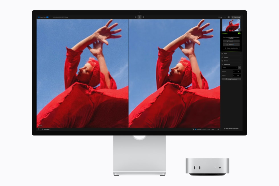 搭载 M5 Pro 芯片、配有显示器的 Mac mini 正在运行照片编辑软件，屏幕上显示着一个身穿红衣的人。