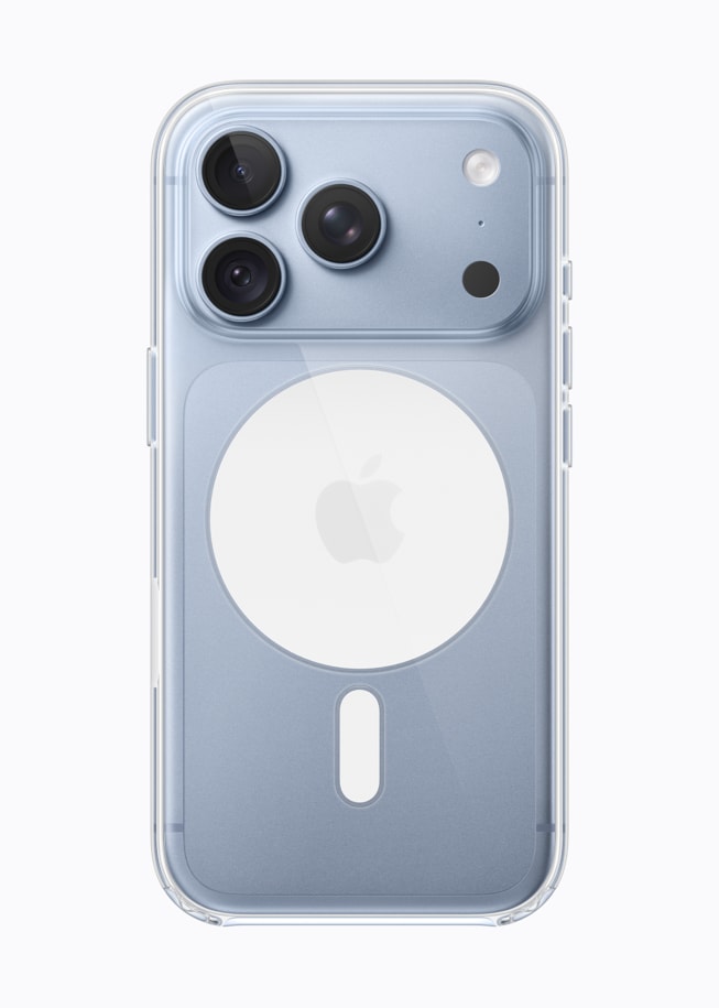 搭配透明保护壳的冰川蓝色 iPhone 18 Pro。