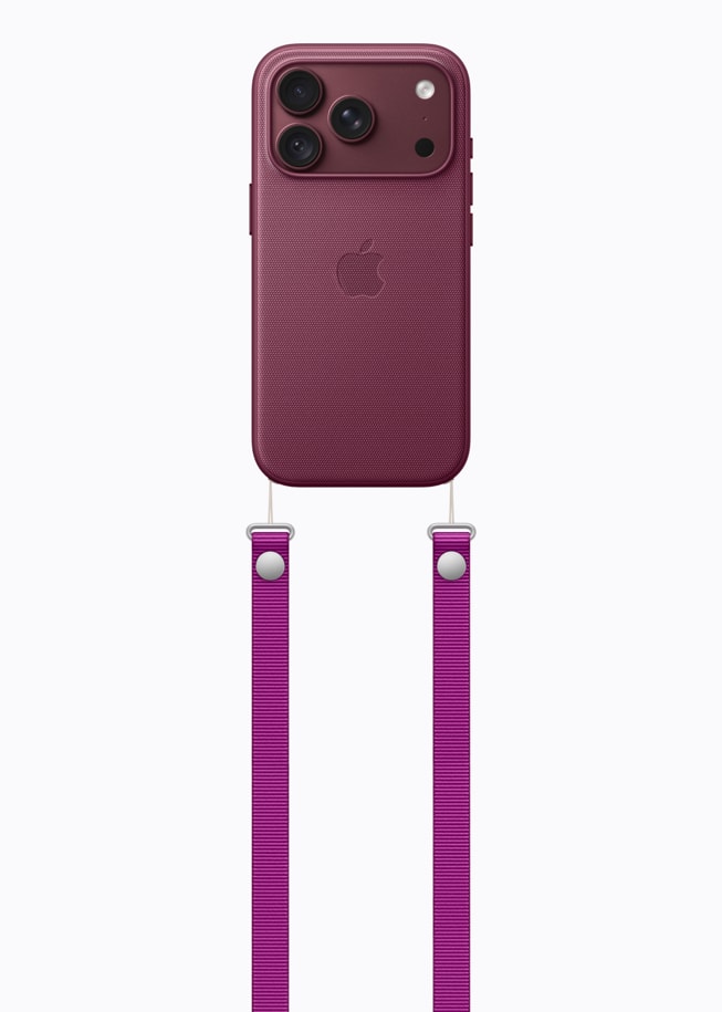 一部勃艮第酒红色 iPhone 18 Pro 搭配同色系保护壳并配有洋红色斜挎挂绳。