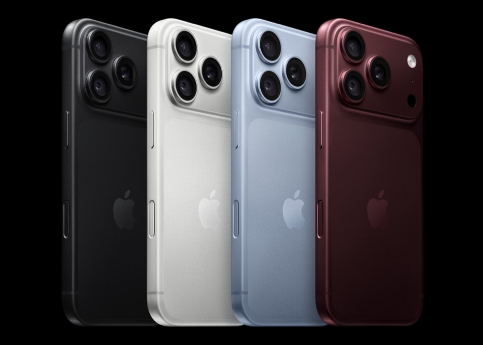 展示黑色、银色、冰川蓝色和勃艮第酒红色 iPhone 18 Pro。