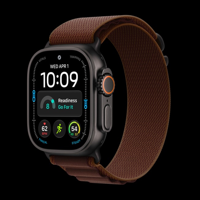 黑色钛金属 Apple Watch Ultra 4 搭配勃艮第酒红色高山回环式表带。