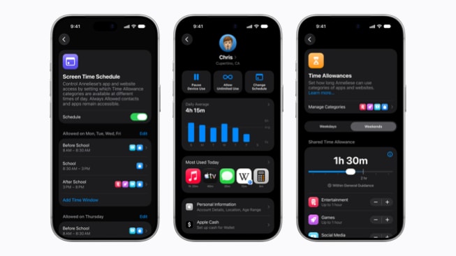 三部 iPhone 18 Pro 设备分别显示屏幕时间、家人共享和屏幕使用时间批准界面。