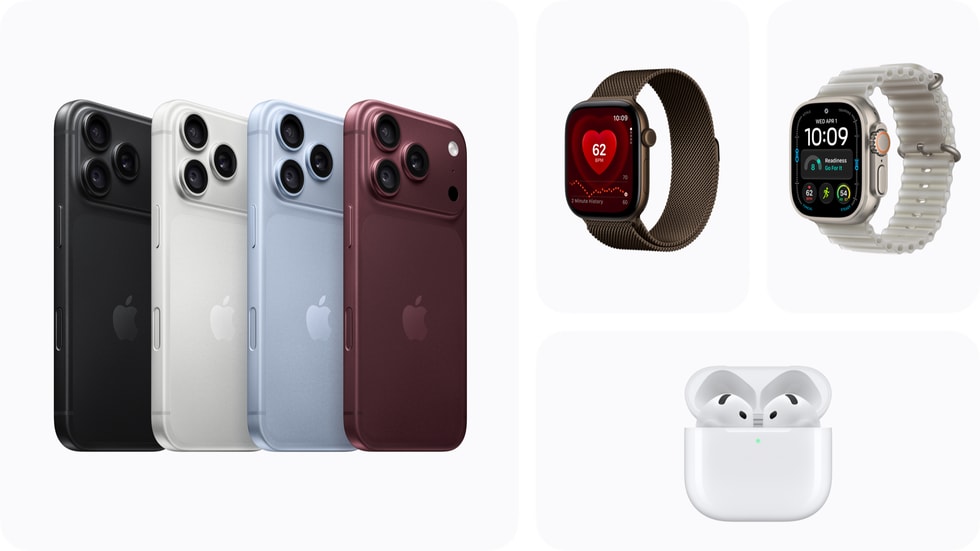 黑色、银色、冰川蓝色和勃艮第酒红色 iPhone 18 Pro；三块 Apple Watch Series 12 设备及 AirPods 5。