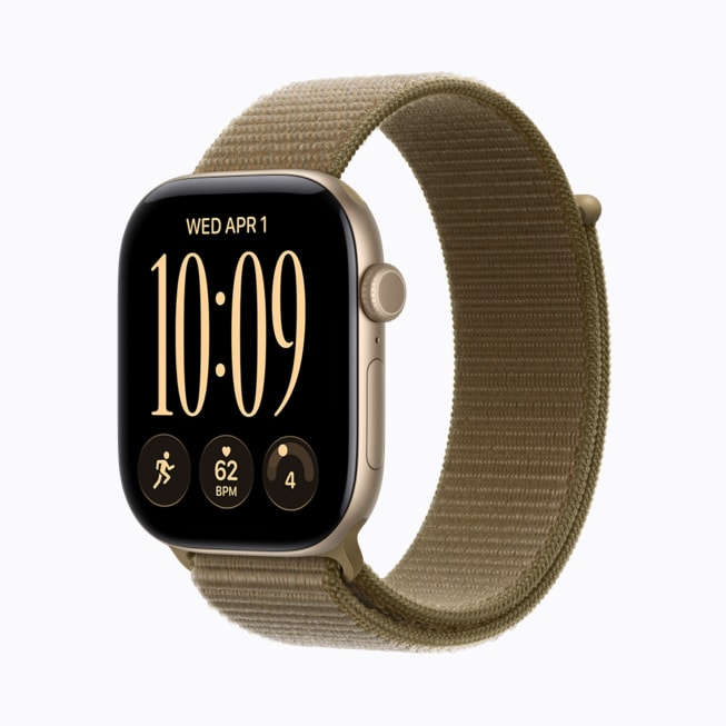 浅金色铝金属表壳 Apple Watch Series 12 搭配橄榄色运动型表带。