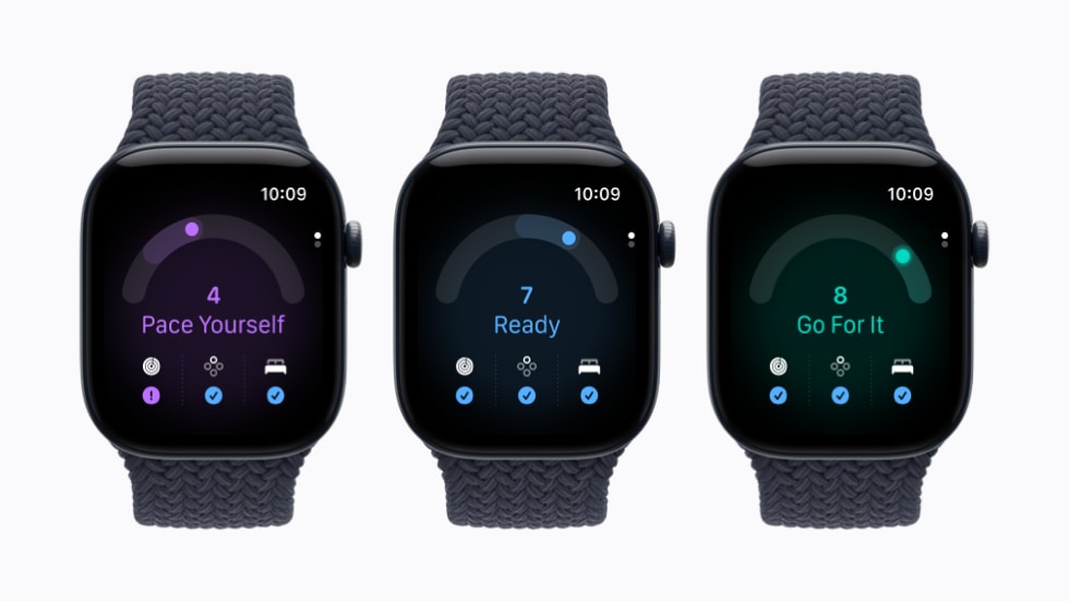 三只 Apple Watch Series 12 设备上分别展示着以下几项准备指数：量力而行、蓄势待发、火力全开。