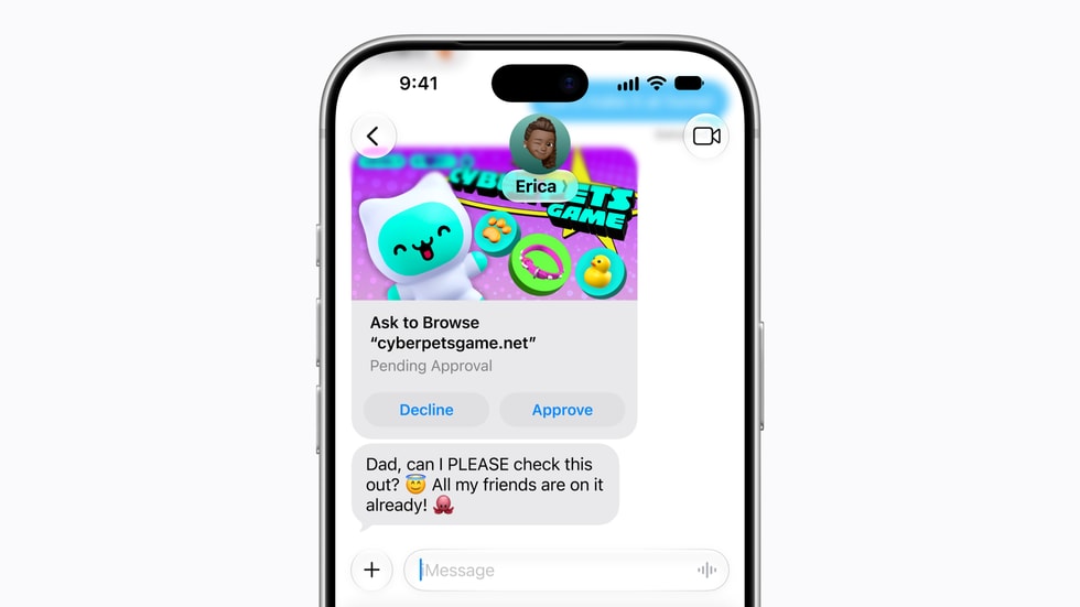 一名孩子使用“请求浏览”功能，询问爸爸是否可以访问名为 Cyber Pets Game 的网站。