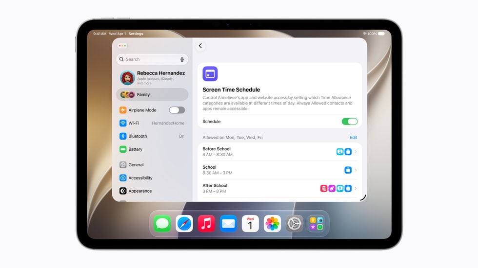 iPad 上显示着屏幕时间中的时间安排功能。