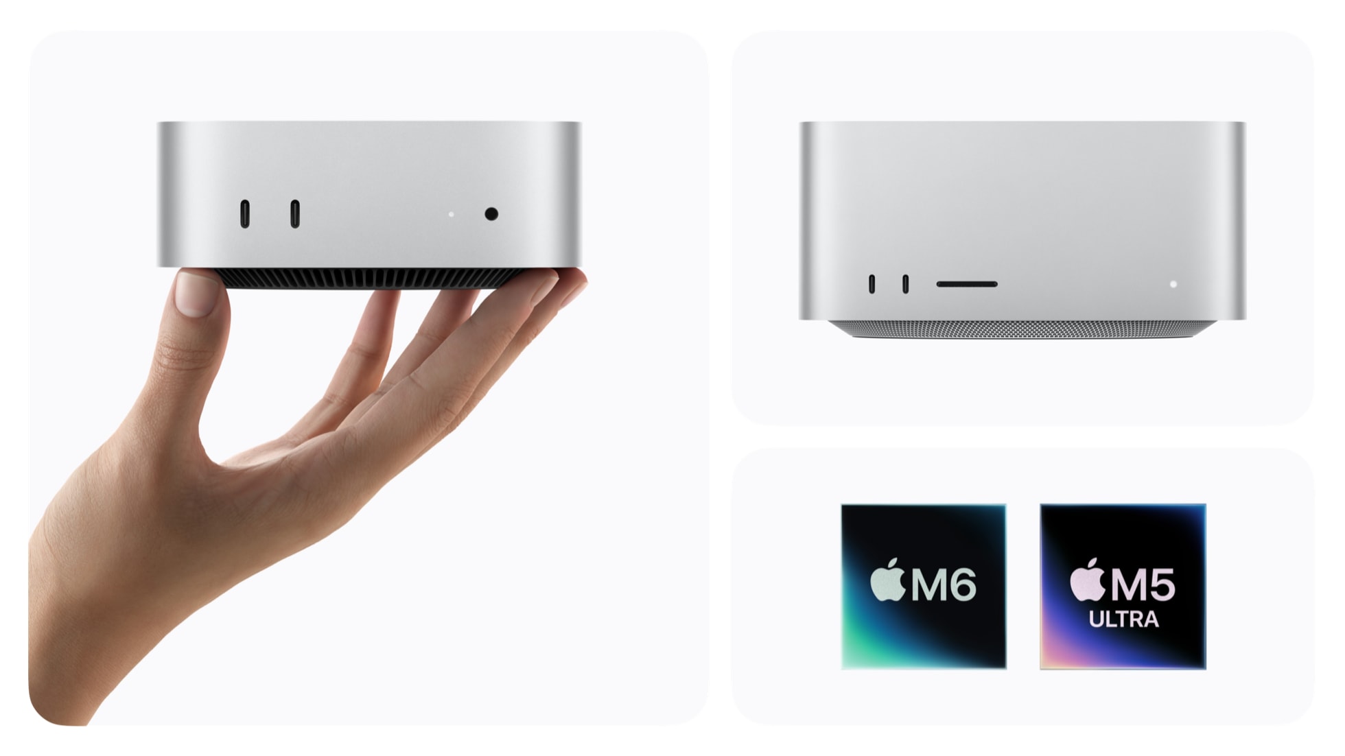 一组图片，其中一张显示一个人手持 Mac mini，另一张显示 Mac Studio，第三张显示 M6 和 M5 Ultra 芯片标志。