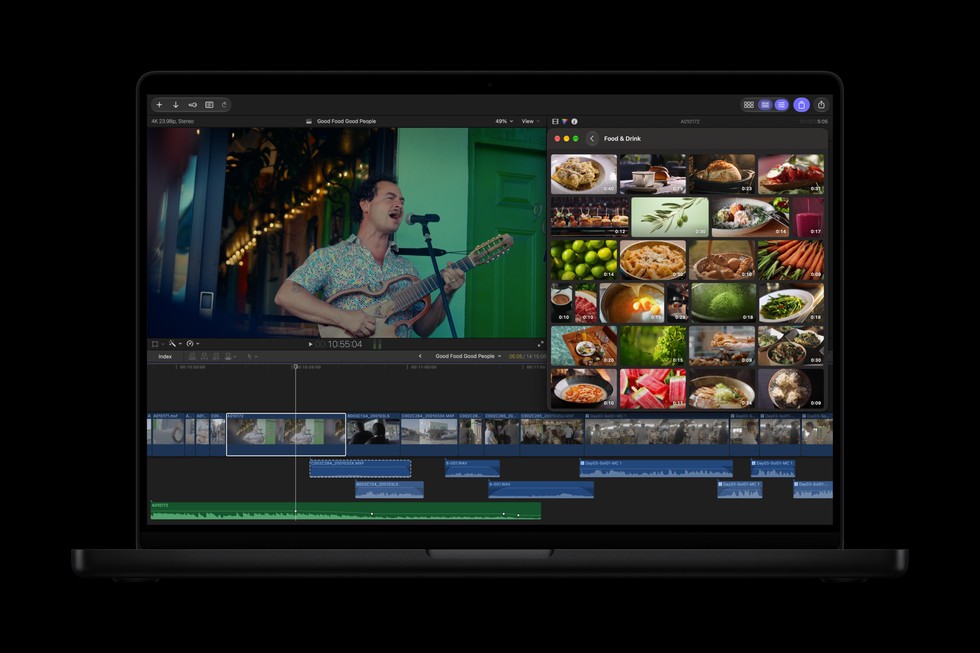 MacBook Pro 上显示着 Final Cut Pro 里的内容库界面。