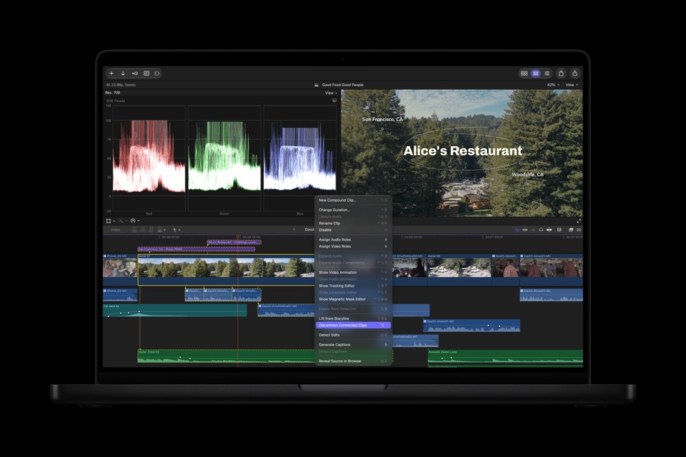 MacBook Pro 显示 Final Cut Pro 界面，展示多个片段正在被拆解。