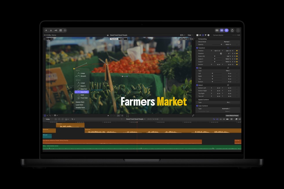 MacBook Pro 显示 Final Cut Pro 界面，展示关键帧调节。