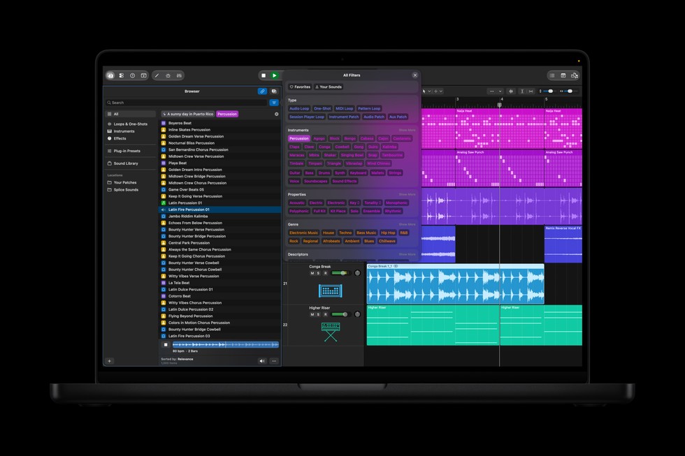MacBook Pro 上显示着 Logic Pro 的全新浏览器界面。