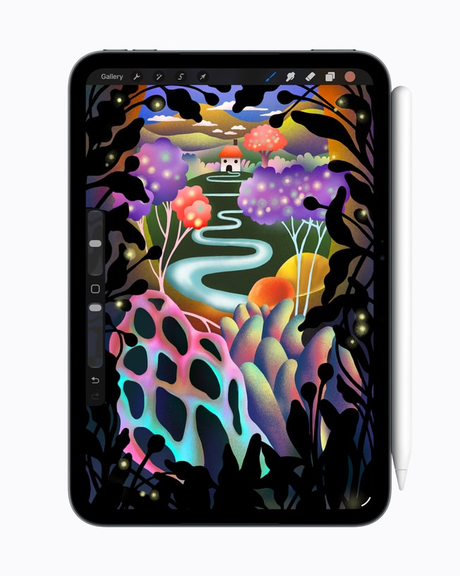 搭配 Apple Pencil Pro 的 iPad mini 屏幕上显示着 Procreate 界面。