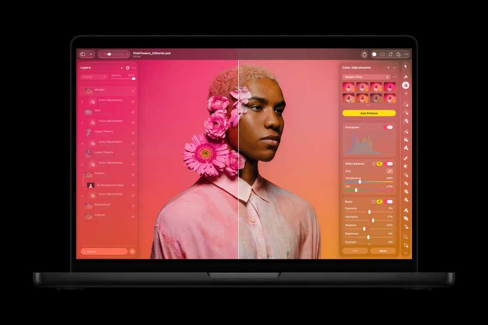 搭载 M6 芯片的 14 英寸 MacBook Pro 上展示着使用 Pixelmator Pro app 编辑的一张图片。