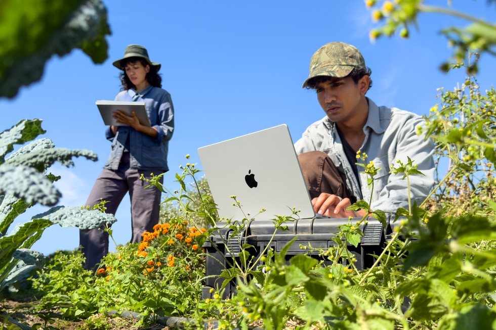 两个人在晴朗的户外使用 MacBook Pro。