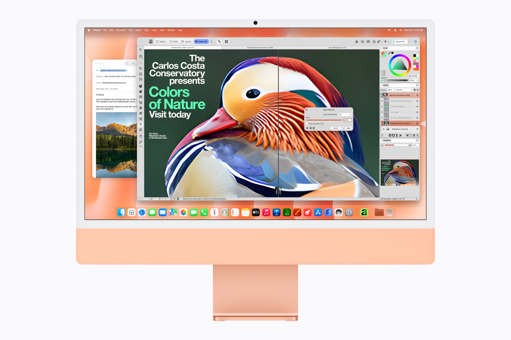 搭载 M6 芯片的橙色 iMac 上同时显示 Affinity 中的图像和邮件 app。