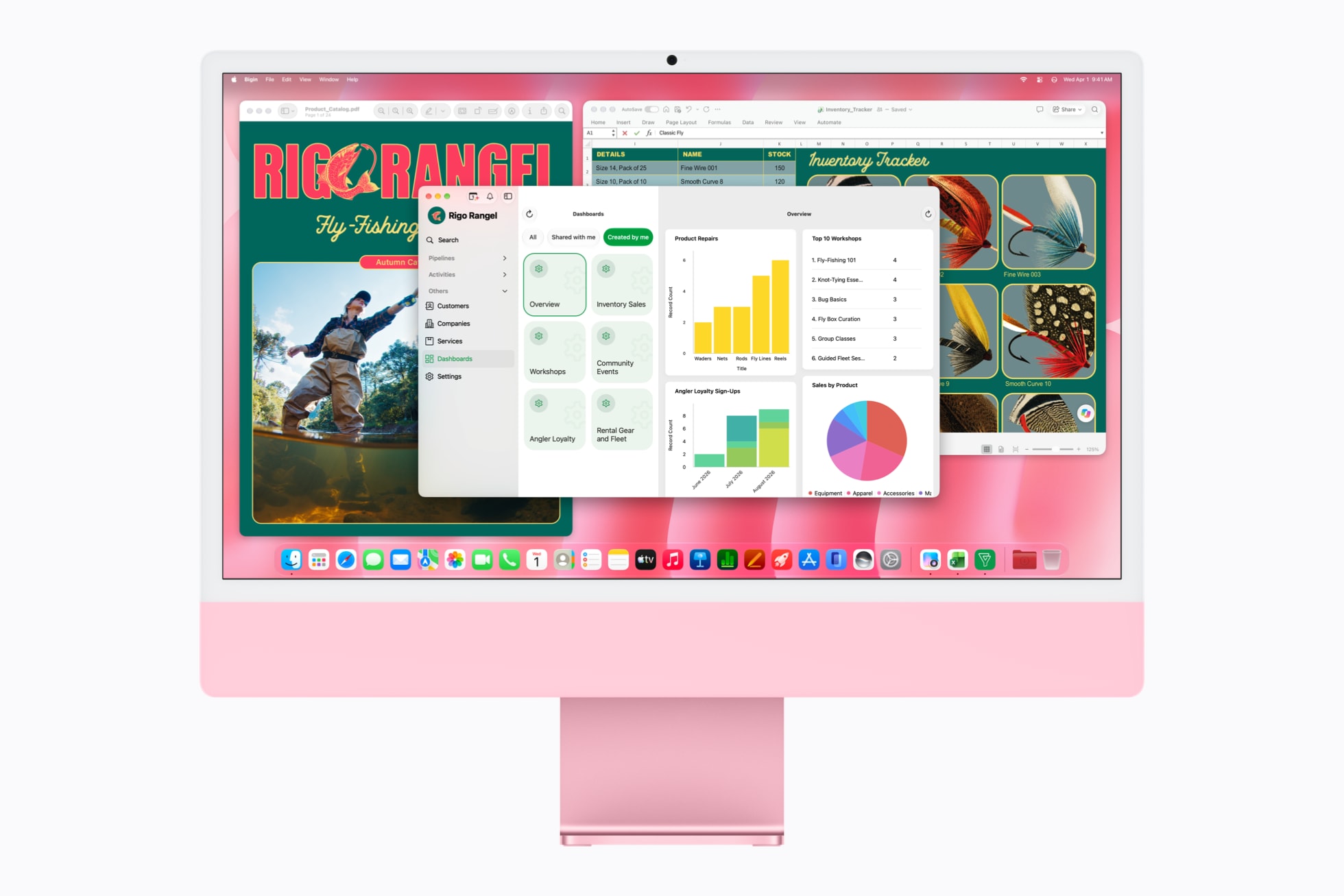 搭载 M6 芯片的粉色 iMac 上显示着 Bigin by Zoho 中的产品仪表板、Microsoft Excel 中的库存追踪工具和一份目录 PDF。