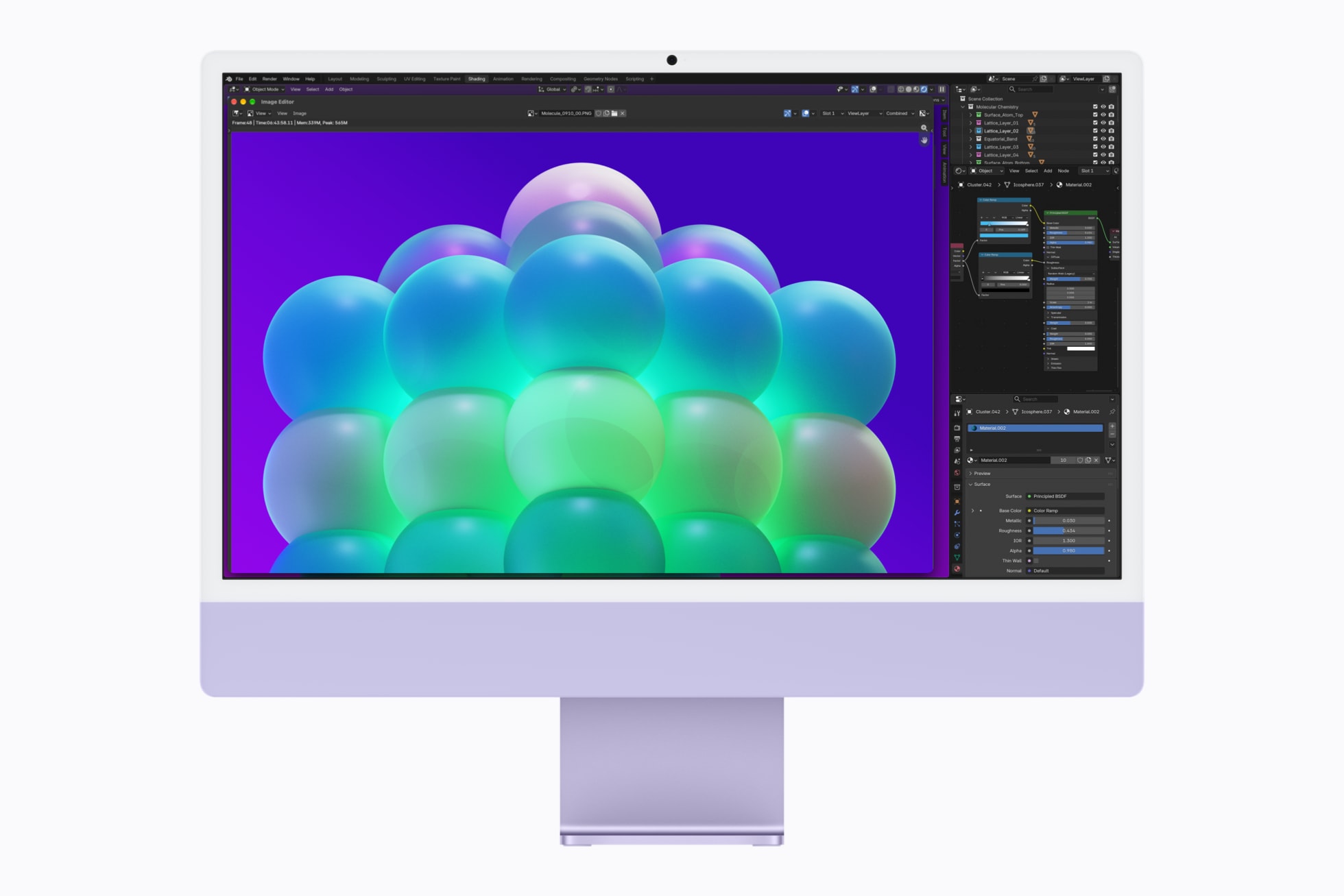 搭载 M6 芯片的紫色 iMac 上显示着 Blender 中的一个项目。