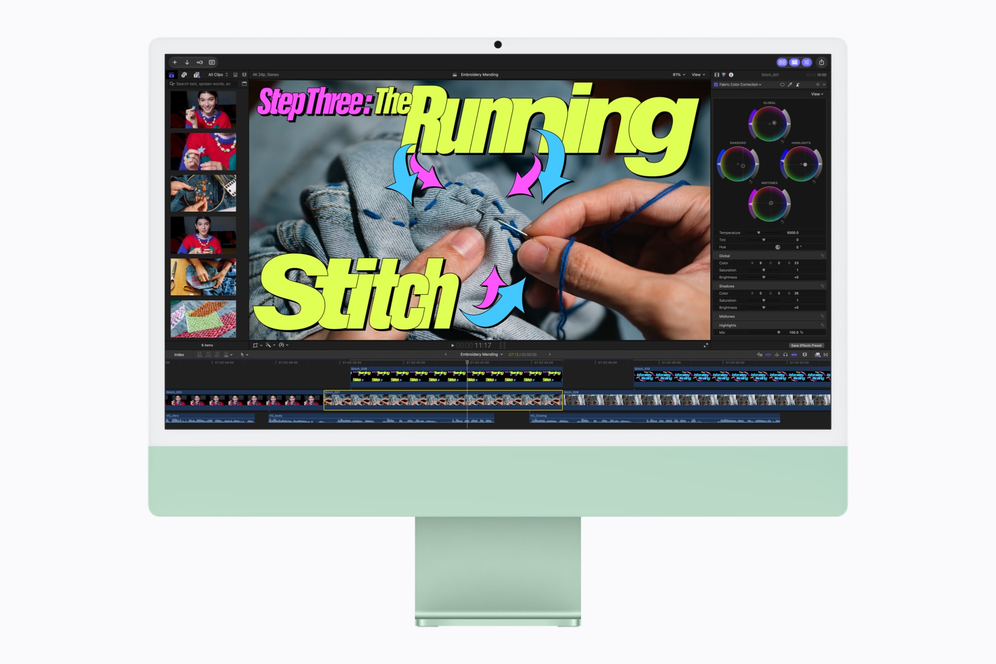 搭载 M6 芯片的绿色 iMac 上显示着 Final Cut Pro 中的一个项目。