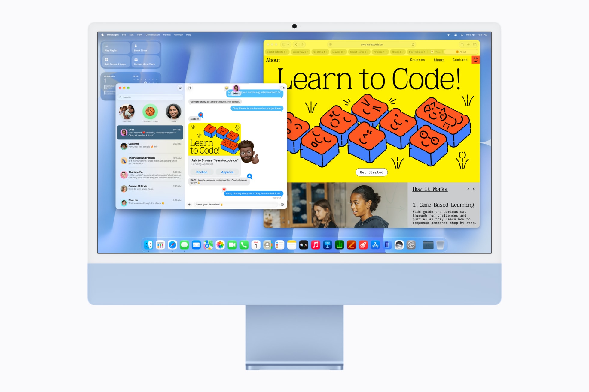 搭载 M6 芯片的蓝色 iMac 上同时显示 Safari 浏览器和信息 app。