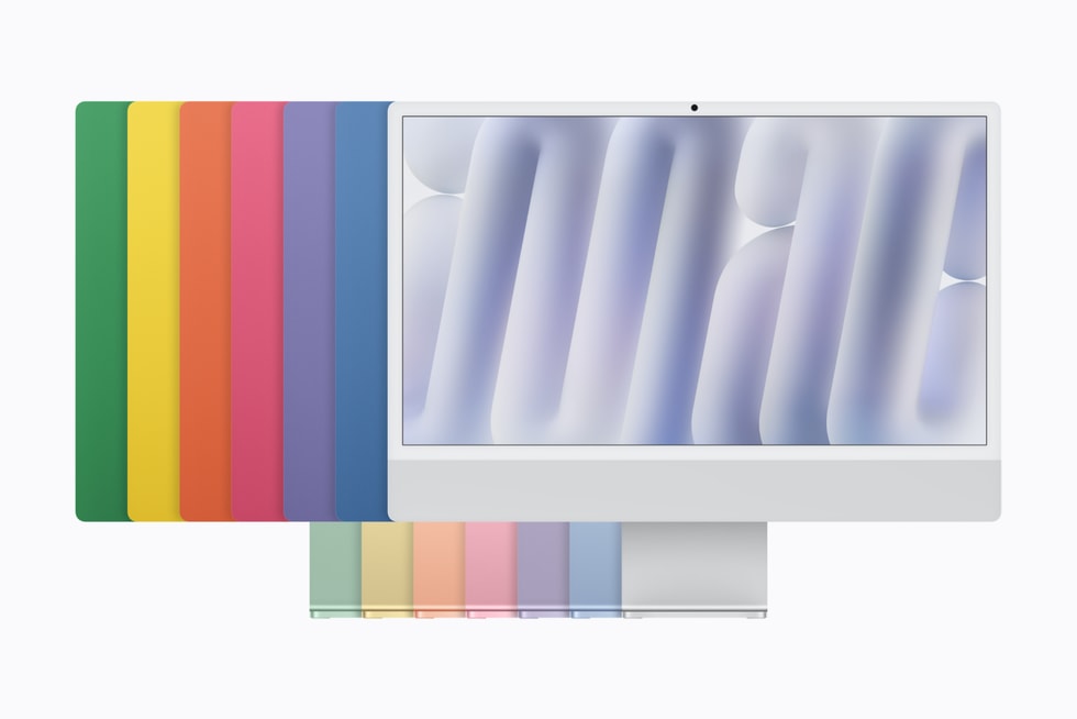 搭载 M6 芯片的 iMac 提供绿色、黄色、橙色、粉色、紫色、蓝色和银色可选外观。