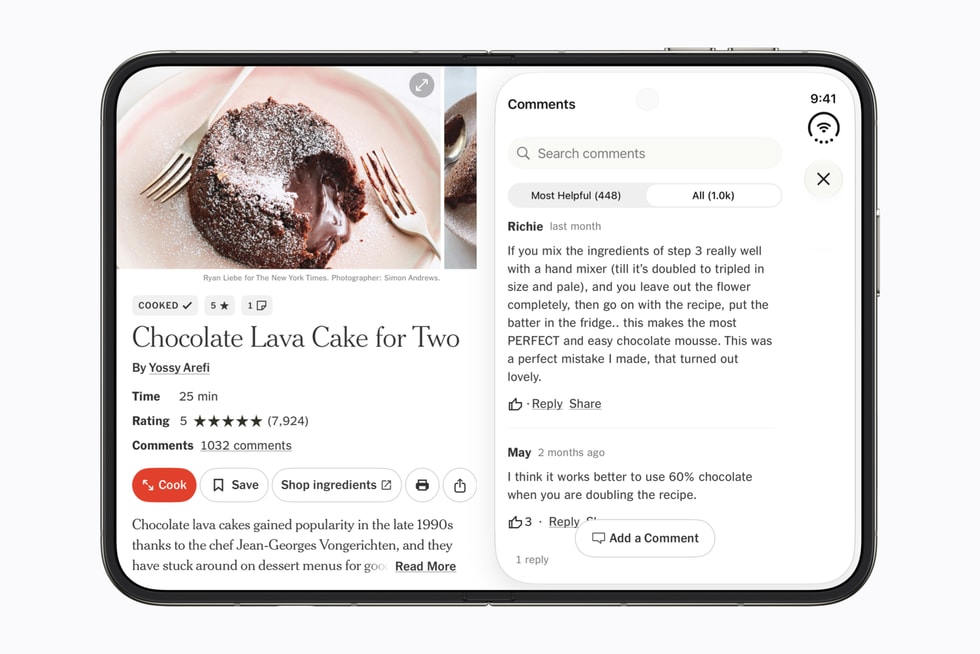 一台完全展开的 iPhone Duo，屏幕上显示着 NYT Cooking app。
