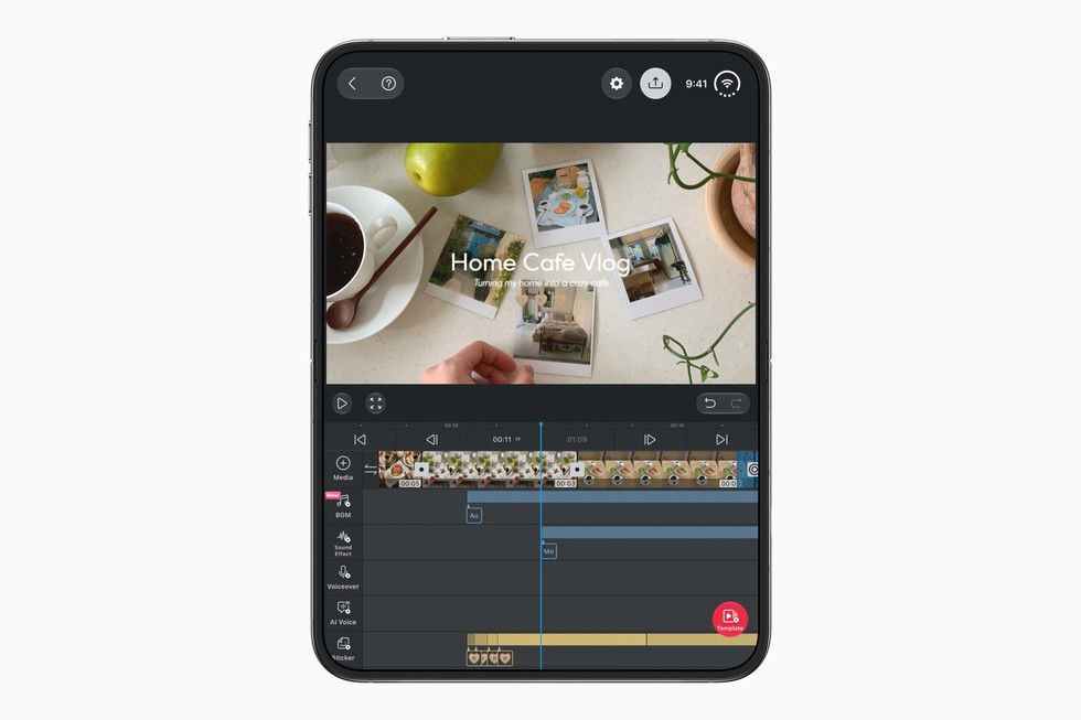 一台完全展开的 iPhone Duo，屏幕上显示着 VLO app。
