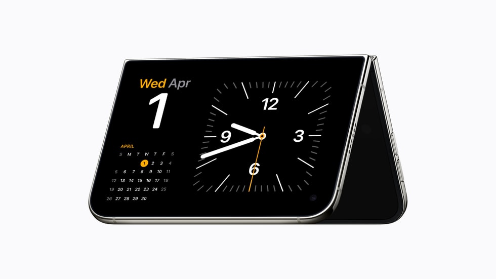 iPhone Duo 折叠并横向放置，屏幕显示时钟和日历。