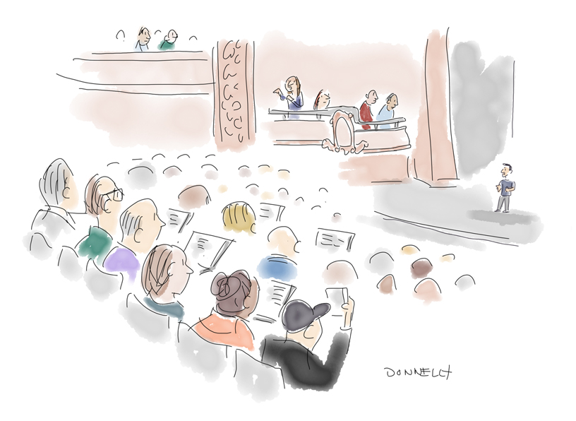 Liza Donnelly 绘制的布鲁克林音乐学院主题演讲的 iPad Pro 插图。