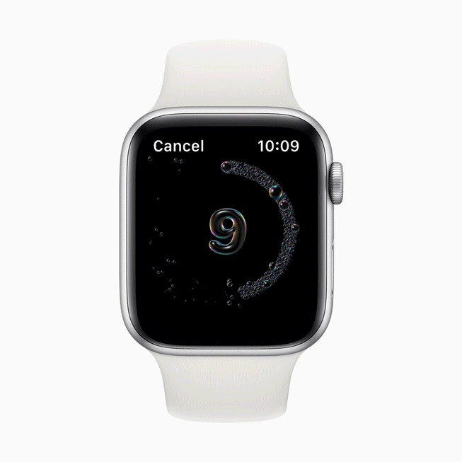 Apple Watch Series 5 上显示洗手检测功能。