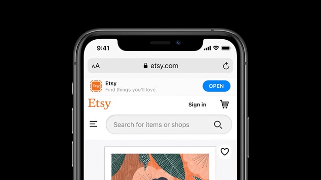 iPhone 11 Pro 上显示 etsy.com 的一个 App Clip。 