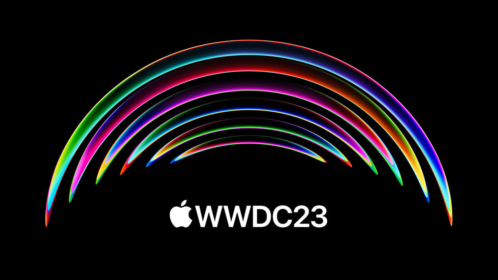 黑色背景下的金属色彩虹艺术画：伴有 WWDC23 字样的 Apple 标志。