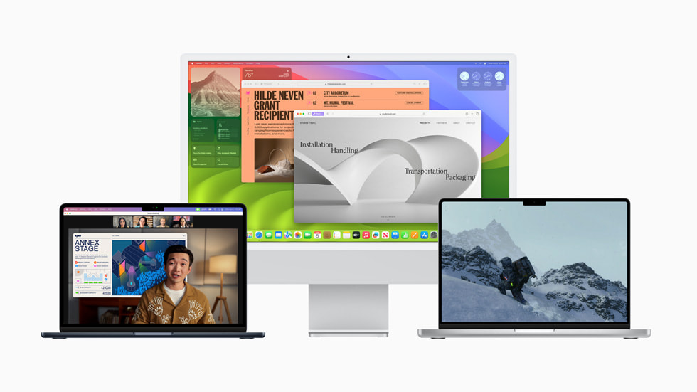 MacBook Air、27 英寸 iMac 和 MacBook Pro 上显示的 macOS Sonoma。