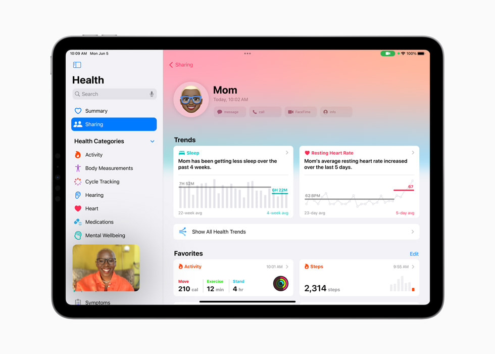 iPad Pro 展示健康 app 中来自“妈妈”的共享。