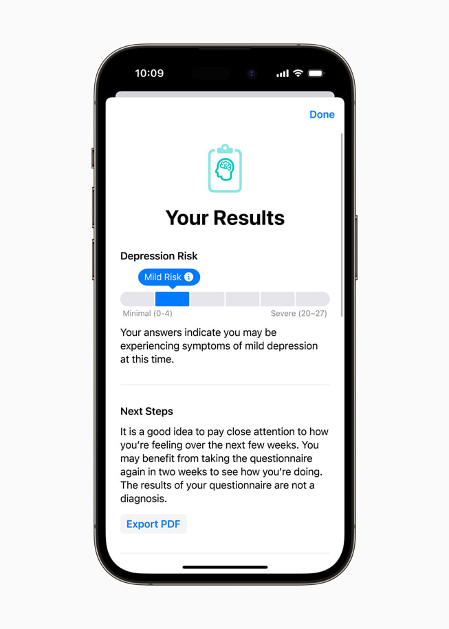 iPhone 14 Pro 展示心理健康评估结果。