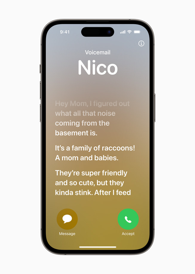 iPhone 14 Pro 上显示来自 Nico 的 Live Voicemail 转写文字。