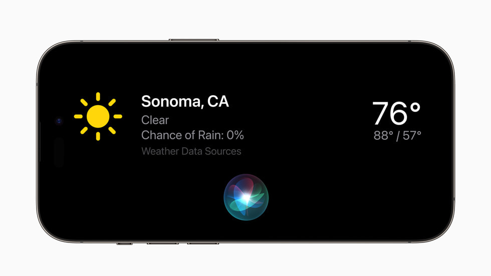 在运行 iOS 17 的 iPhone 14 Pro 上，StandBy 正在显示加州索诺玛的天气状况。