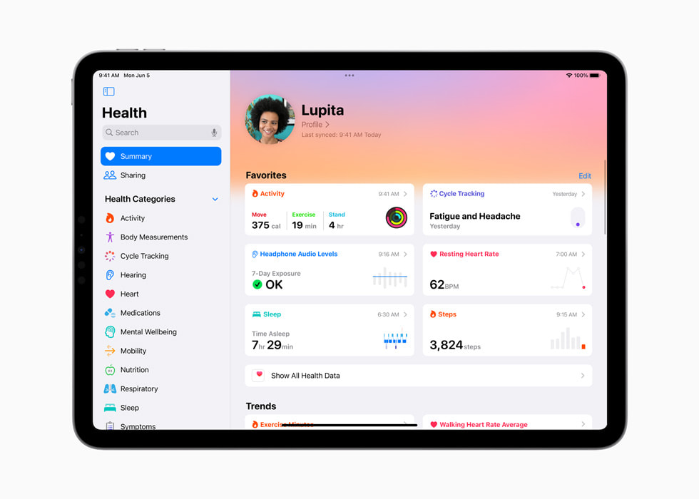 iPad Pro 显示健康 app 中的概览。