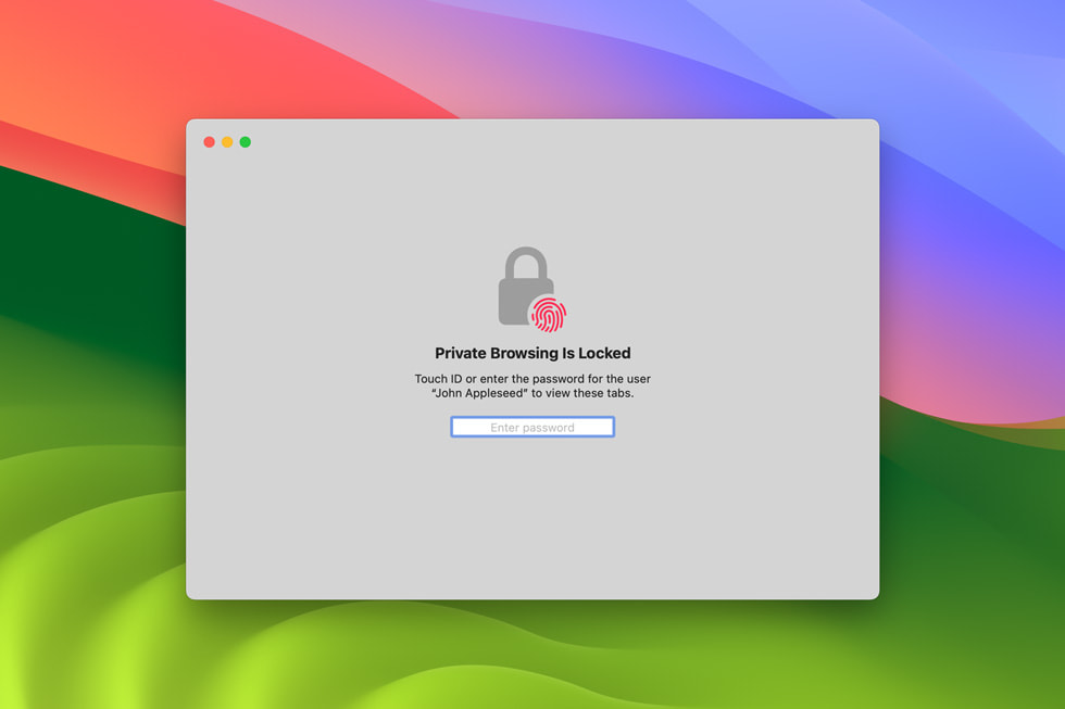 屏幕显示 Safari 浏览器中锁定的浏览窗口，要求触控 ID 或密码解锁后方可浏览标签页。