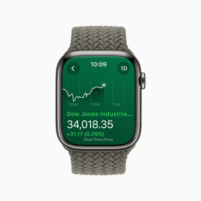 Apple Watch Series 8 展示股票 app。