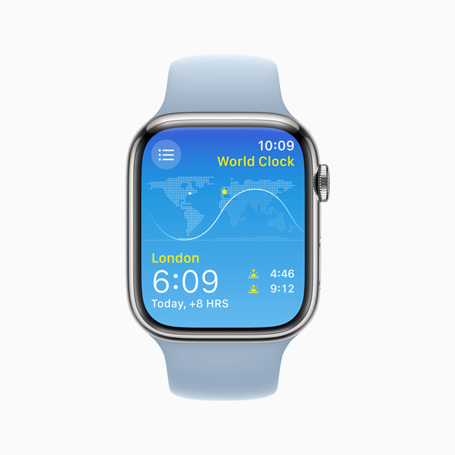 Apple Watch Series 8 展示世界时钟 app。