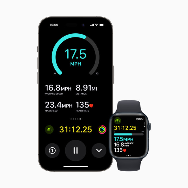 iPhone 14 Pro 和 Apple Watch Series 8 展示骑行速度。