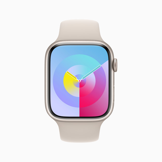 Apple Watch Series 8 展示新的金盏花橘色调色盘表盘。 